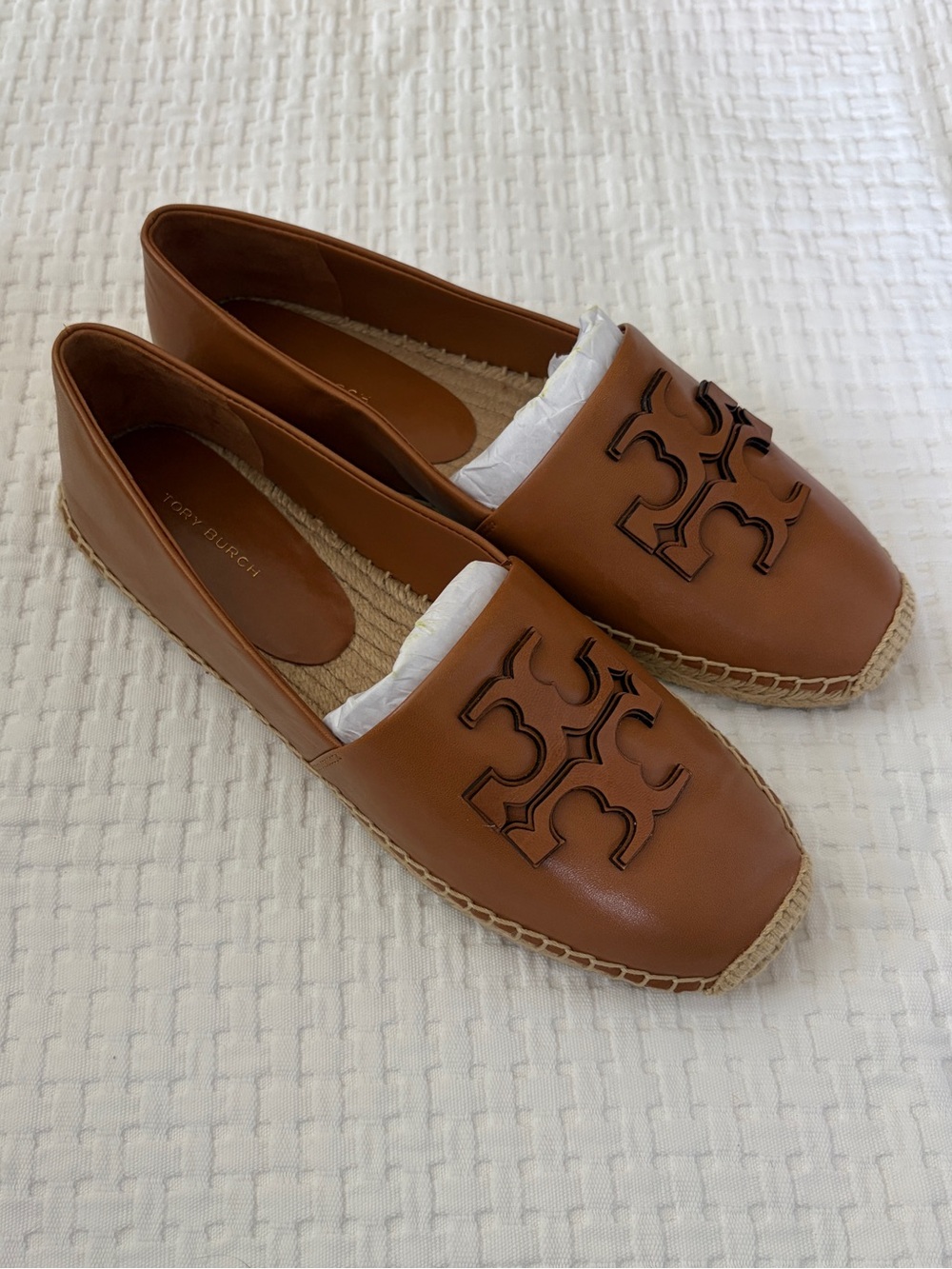 Tory Burch Tan Leather Logo Espadrille Flats